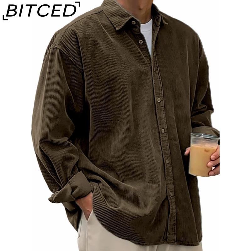 

BITCED Men s Casual Loose-Fit Solid-Color Corduroy Collared Shirt L коричневий