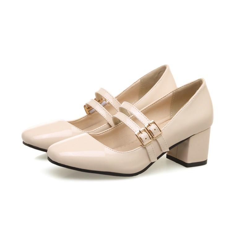 New Belt Buckle Shallow Spring and Autumn Single Shoes Thick Heel Medium Heel Professional Shoes