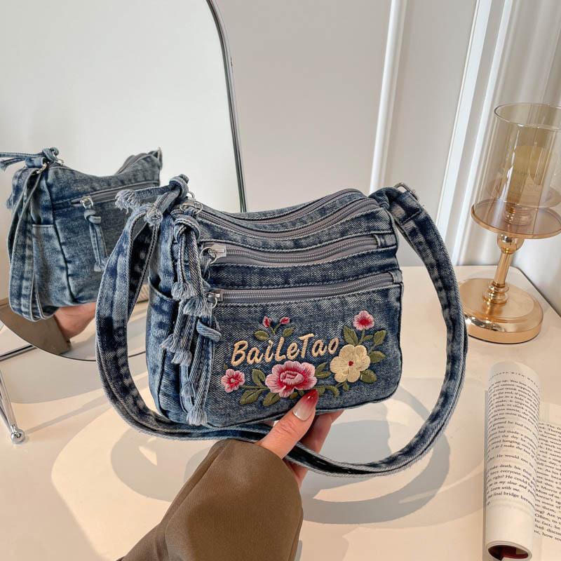 Lightweight Denim Zipper Crossbody Bag Stitching Line Embroidery Decoration Bag Hot Sale Casual Youth Women's Shoulder Bags