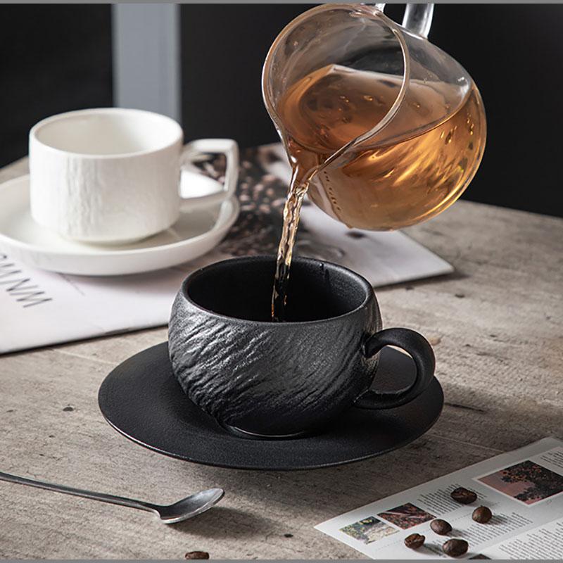European Black  White Ceramic Coffee Cup Saucer Matte Stone Grain Breakfast Milk Mug Exquisite Afternoon Camellia Flower Tea Cup