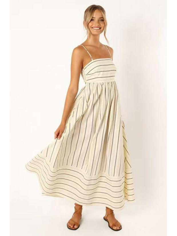 Spring/Summer 2024 Striped Off-Shoulder Wide-Hem Camisole Dress - Fresh Casual Vacation Style