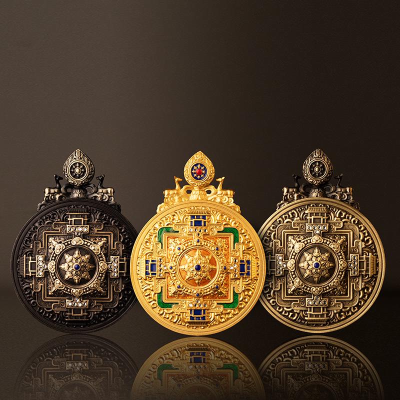 Authentic Double Deer Sutras Mandala Brass Pendant: Enamel High Relief, 3D Double-Sided Thangka Design