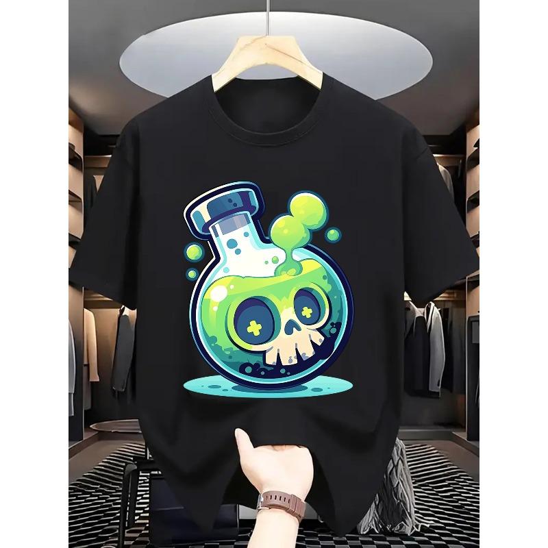 

European sizes Fluorescent Skull Flask Print T-Shirt, Perfect for Trendy Gatherings, Ideal for Those Who Seek Unique Elements 4XL чорний