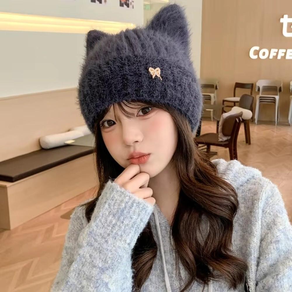 Plush Lining Knitted Hat Windproof Beanie Cap Cute Ear Protection Cap Autumn Winter