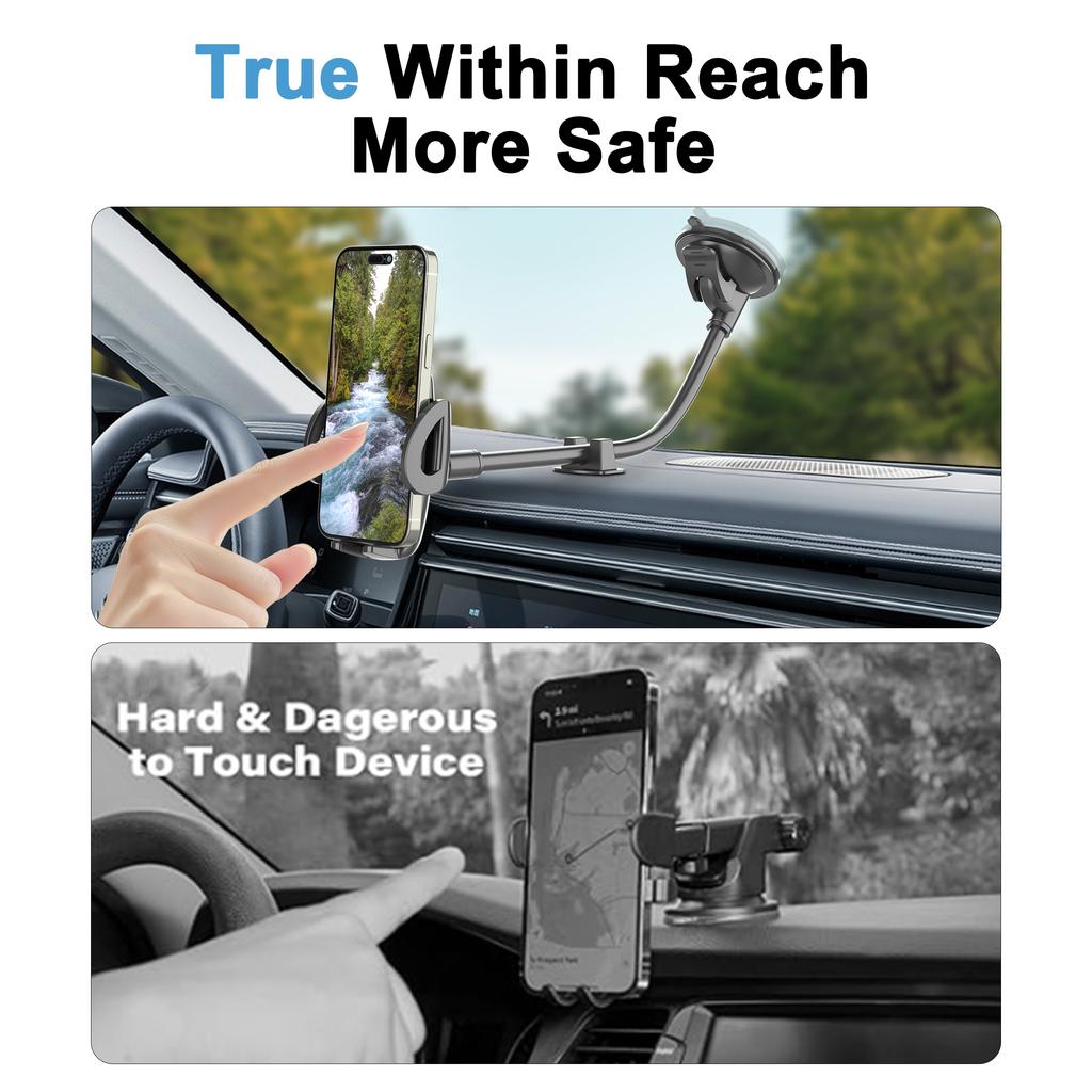 Solid Car Truck Phone Mount Holder with 11.8-Inch Gooseneck Long Arm Anti-Shake Stabilizer Compatible All Cell Phones