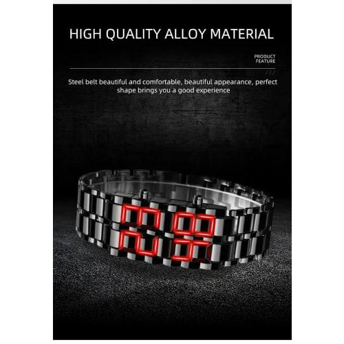 Fashionable Full Metal Digital Mule Watch for Men with LED Display, Perfect for Sports and Creative Gifts, Black and Red.