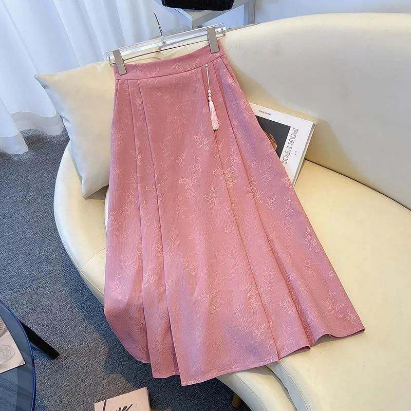 Chinese Mamian Pleated High-Waisted A-line Midi Skirt - Summer Style