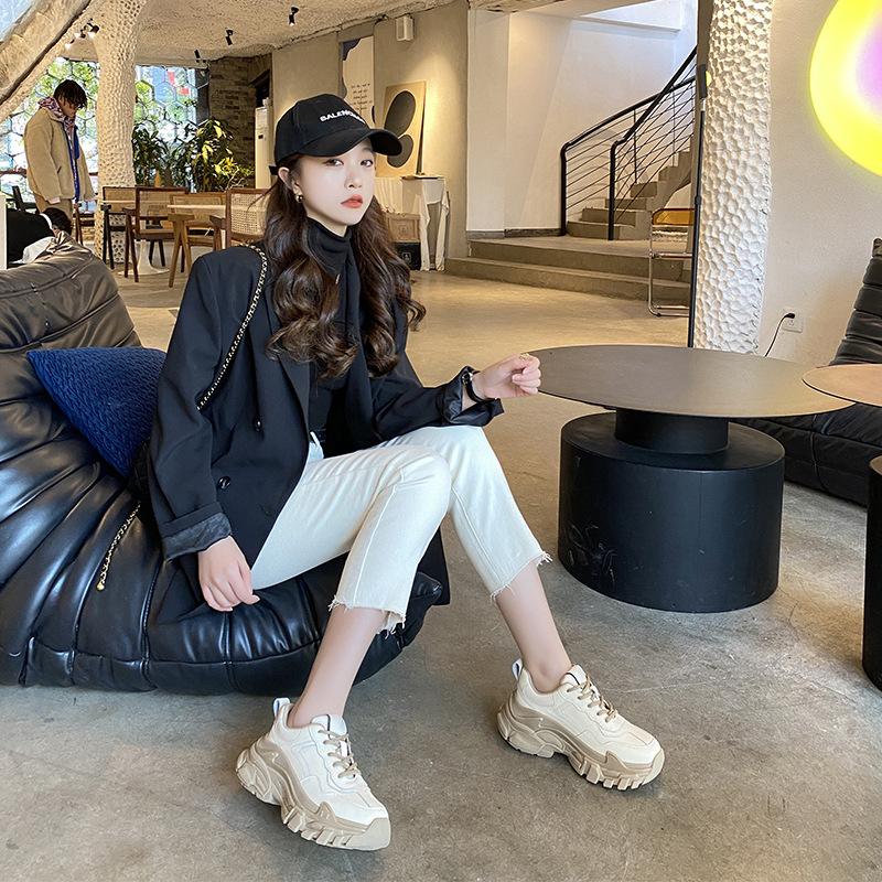 Fashion Real Cowhide Sports Casual Milk Tea Color Ins Trendy Single Shoes Spring New Thick-soled Daddy Shoes Women's Shoes