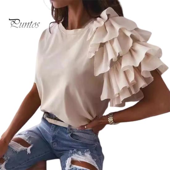 Women Summer T-shirt Asymmetrical Short Sleeve Multi-Layered Ruffles T-shirt Round Neck Solid Color Tee Tops Streetwear