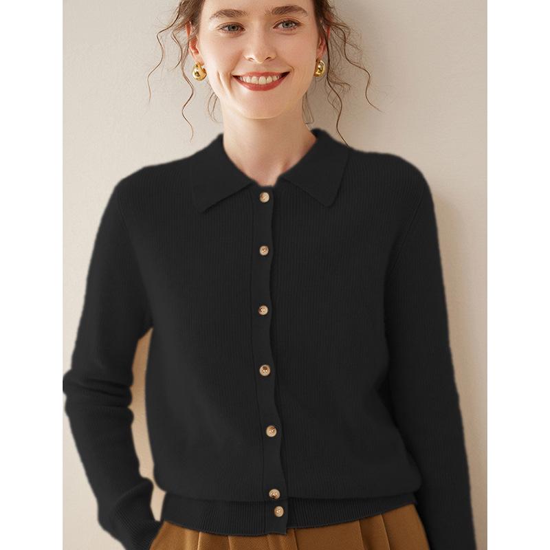 Women's Slim Fit Cashmere Polo Collar Cardigan - Comfortable Knitwear Coat for Autumn/Winter Fashion
