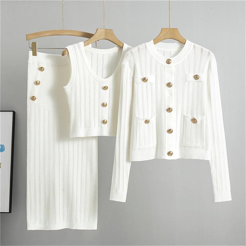 Knitted women's suit, Autumn new cardigan sweater+vest+skirt three piece set
