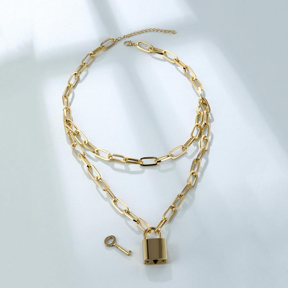 Stylowy Naszyjnik Warstwowy z Zamkiem i Kluczem Elegancka Biżuteria Statement ze Stopu Prezent dla Kobiet