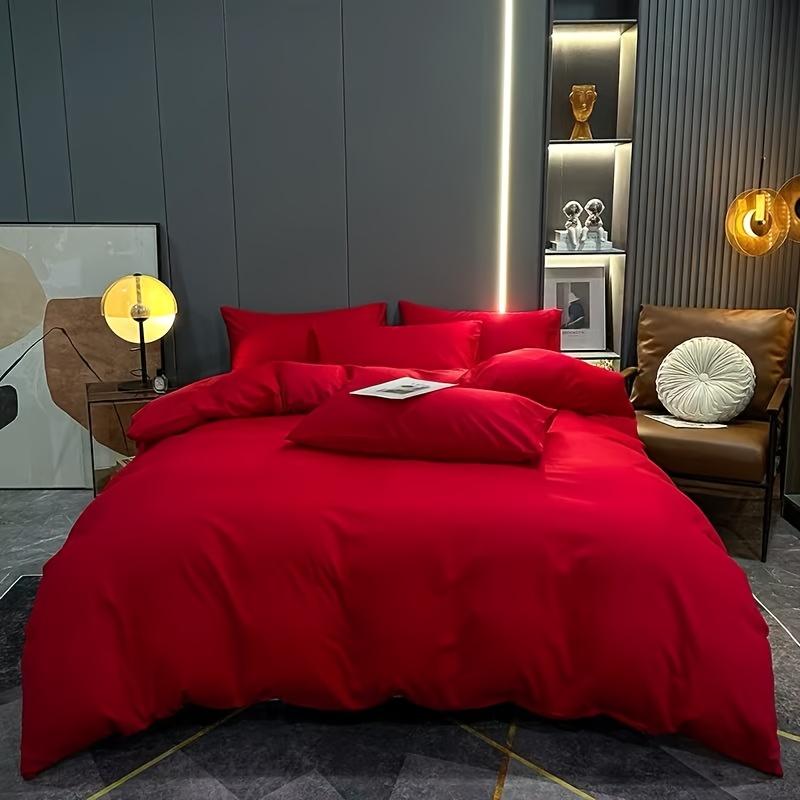 Set de pat de nuntă mare roșu din patru piese, bumbac spălat, simplu, culoare solidă, husă de pilotă