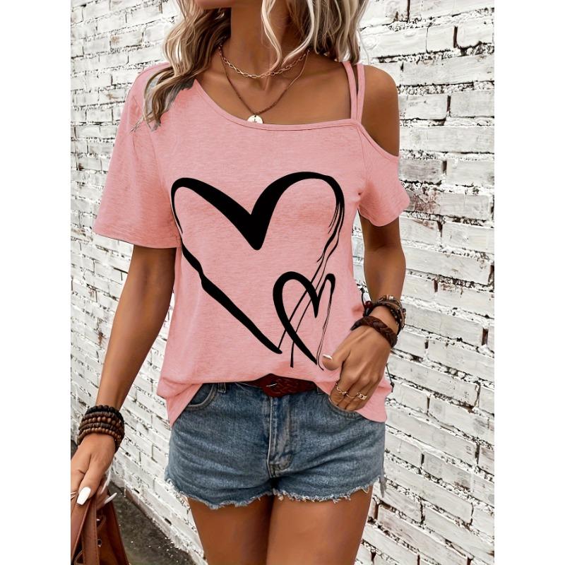 Large Casual Asymmetrical Collar with Heart-shaped Printed Suspender and Elastic Short Sleeves Women's T-shirts