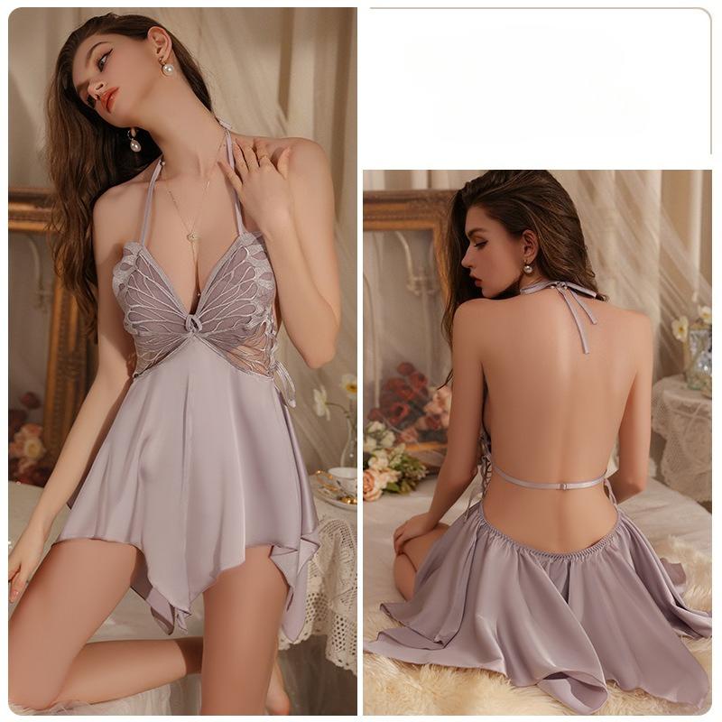 Plus Size Women’s Sexy Sleep Dress Backless Halter Nightdress Ice Silk Camisole Dress with Padded Push-Up Bra