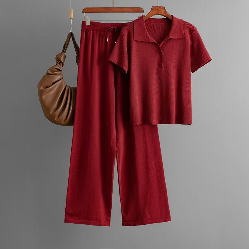 

Fashion Style New Arrival Knitting Elegant Lapel Short Sleeve Top and Trousers Suit T-shirt and Pants Set Red One size