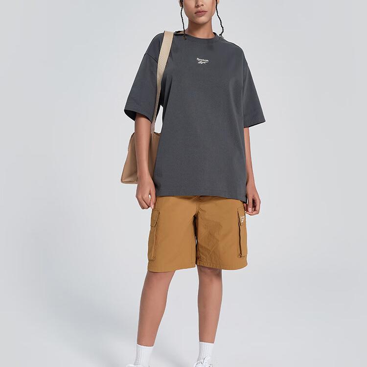 Reebok Loose Knit Short Sleeve T-Shirt With Letter Print Unisex Tops Charcoal-Black 24SRM411UGH1