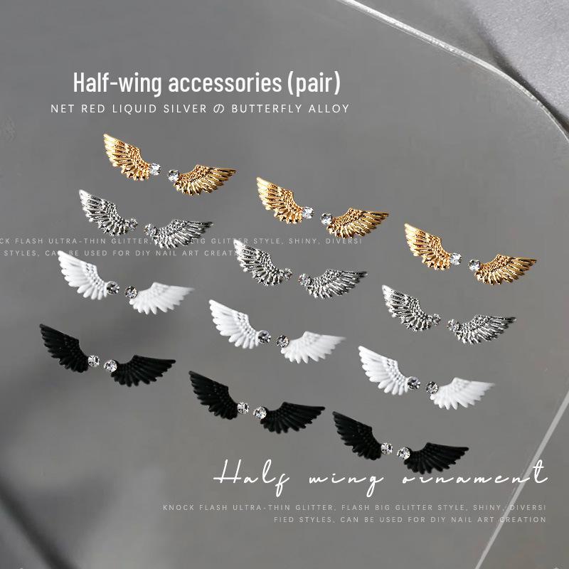 

Metal Rhinestone Half-Wing Nail Art Jewelry - Black, White, Gold & Silver (2 Pairs)