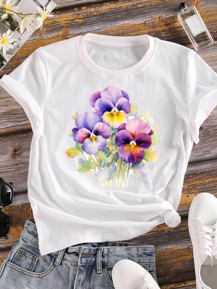 (Asian Size) Women Flower Watercolor Trend Cute 90s Short Sleeve Fashion Tee Top Clothing Print Lady Casual Tshirt Female Graphic T-shirts
