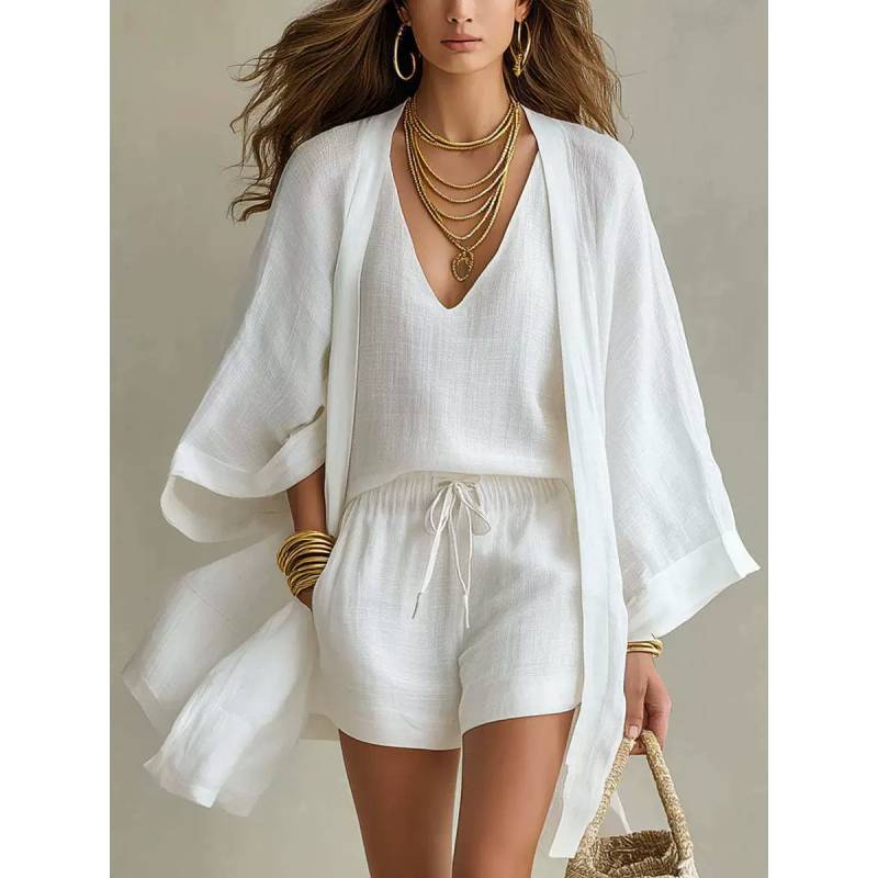 Summer Casual Set For Women With Sleeveless Cardigan And Shorts Made Of Cotton Linen For Relaxed Wear