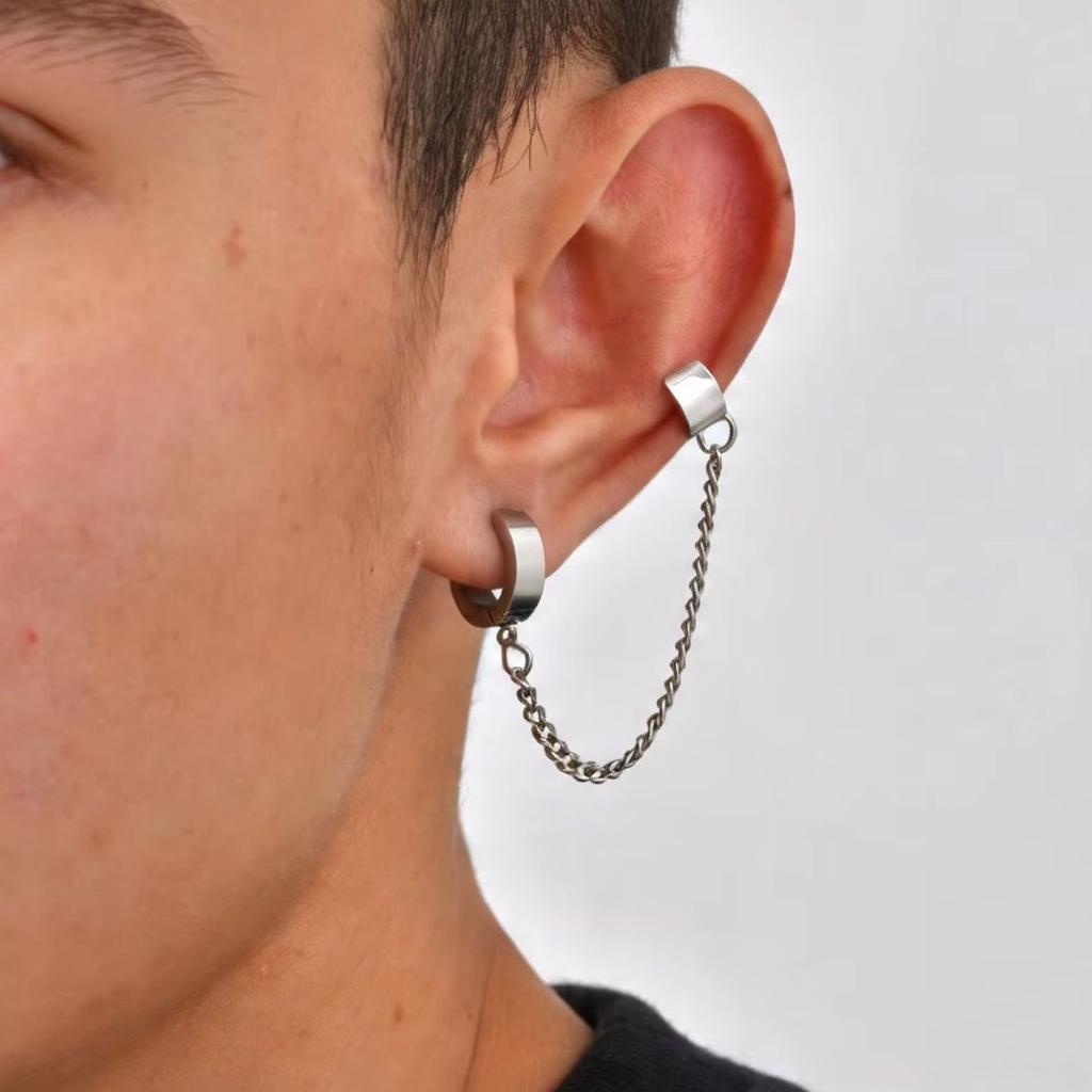 Fashion Chain No Piercing Bone Clip on Earrings for Men Teens, Geometric Stainless Steel Hoop Earrings, Unisex Punk Ear Cuff