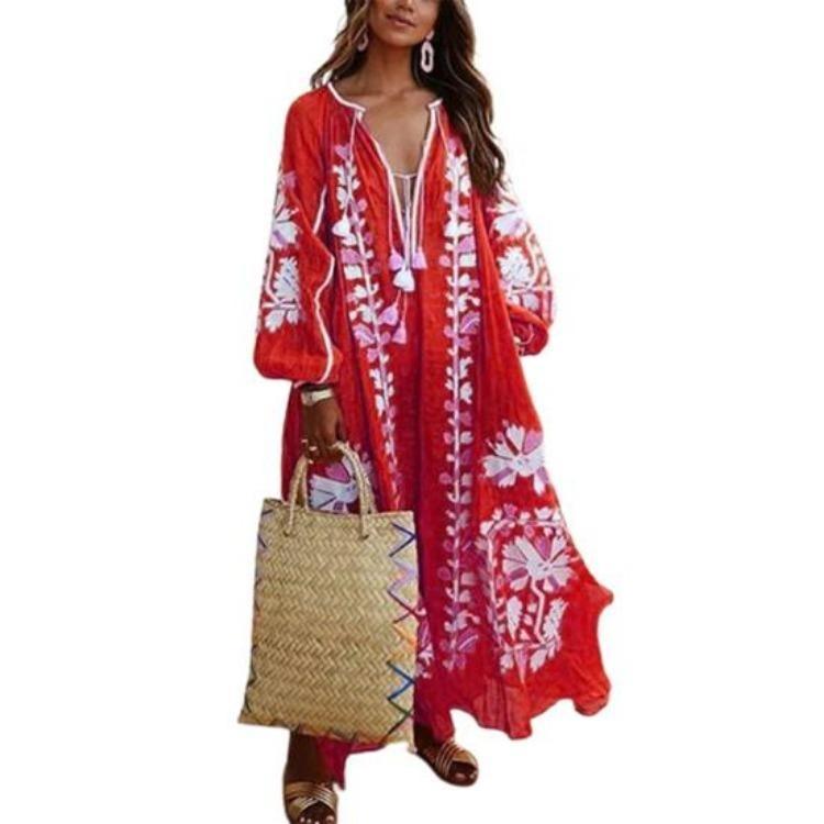 Women Summer Bohemian Floral Print Maxi Dress Deep V Neck Long Sleeve Oversized A Line Flowy Hem Retro Beach Vacation Tassel Dress