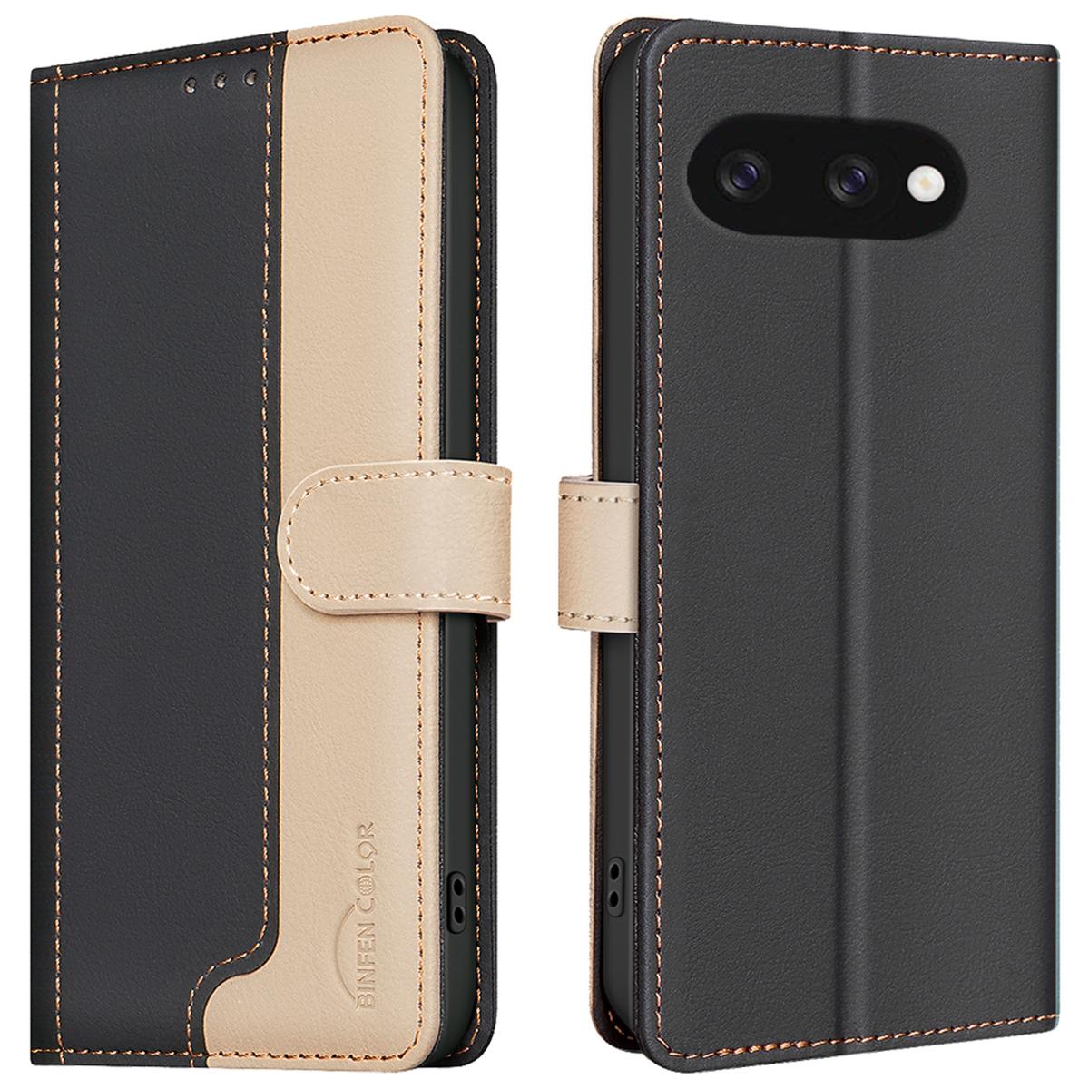 

BINFEN COLOR BF33 for Google Pixel 9a Leather Case Splicing Color RFID Blocking Black