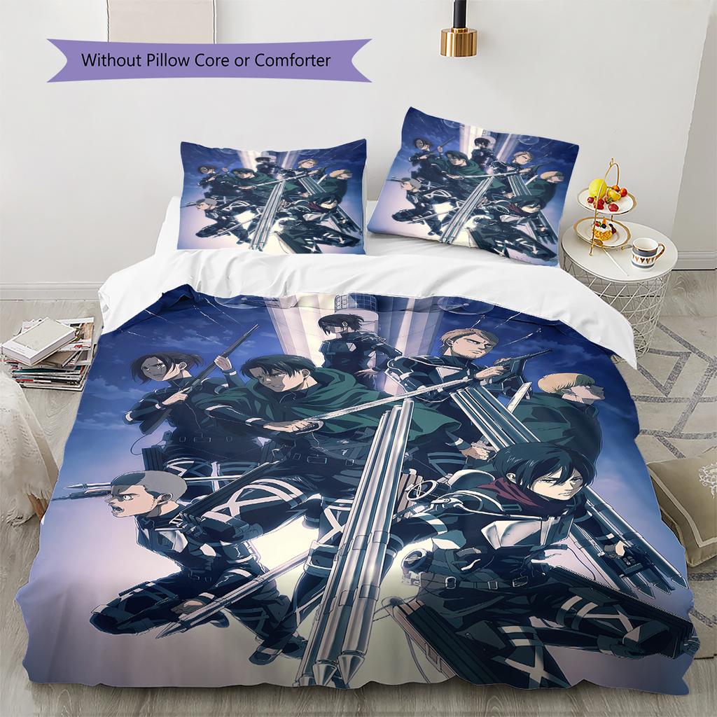 Pościel z motywem Attack on Titan, Zestaw kołdry Poszewka na kołdrę Poszewka na poduszkę Domowy prezent urodzinowy (1 * poszwa na kołdrę + 2 * poszewki na poduszki, bez rdzenia)