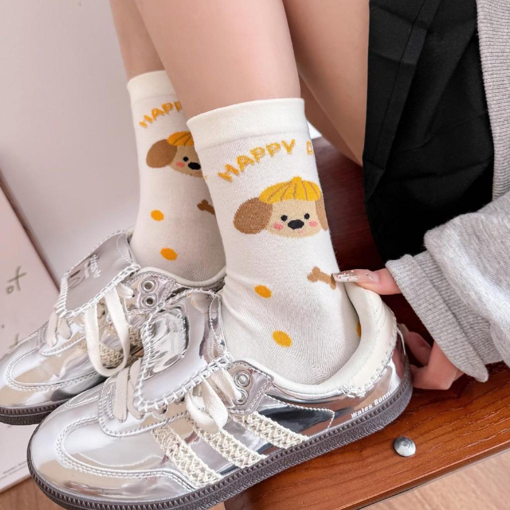 Women's Cute Puppy Mid-Calf Socks - Spring/Summer Academy Style with Japanese Cartoon Star Design - Korean Student Cotton Socks