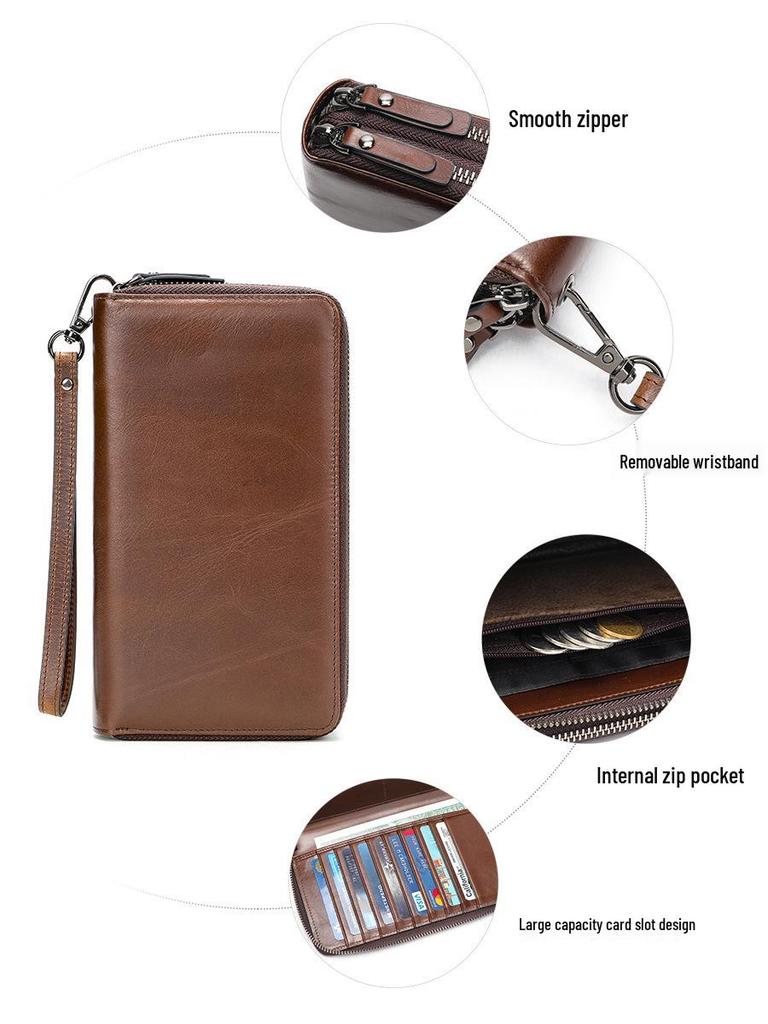 Malunt Men's Genuine Leather Multifunctional Long Wallet Clutch with Zipper