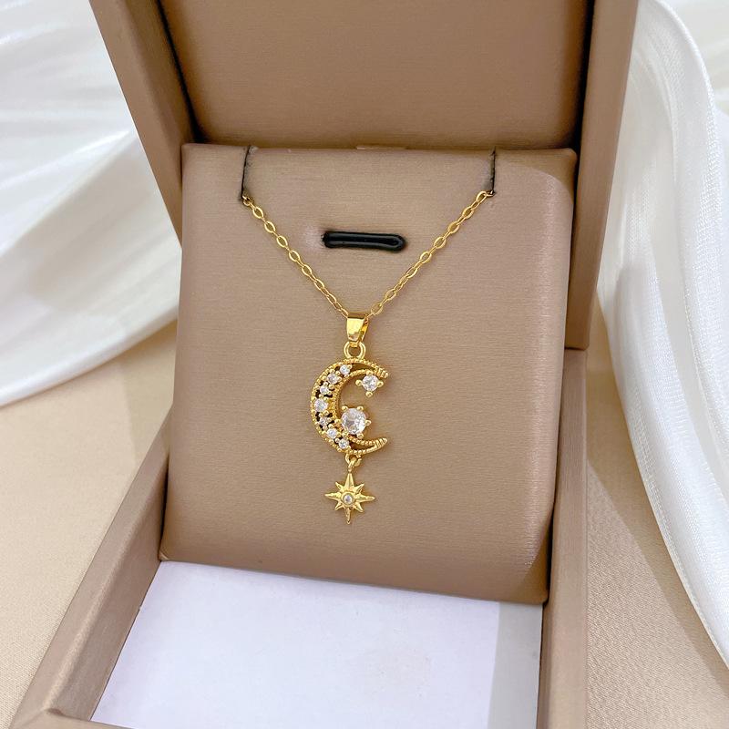 Titanium Steel Moon Tassel Star Light Luxury Temperament Gorgeous Full Diamond Necklace Female Versatile Collarbone Chain Titanium Steel Chain