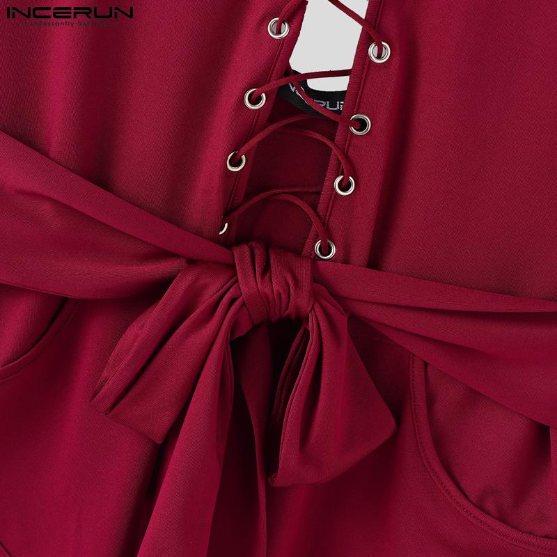 INCERUN Macacões Bodysuits Justos Sem Mangas Vazados com Bandagem e Renda com Cordões Masculinos