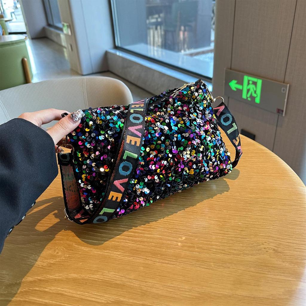 Yogodlns Luxury Women Sequins Wide Strap Shoulder Bag Fashion Shine Casual Crossbody  Bag Female Hip Hop Belt Bags Trend