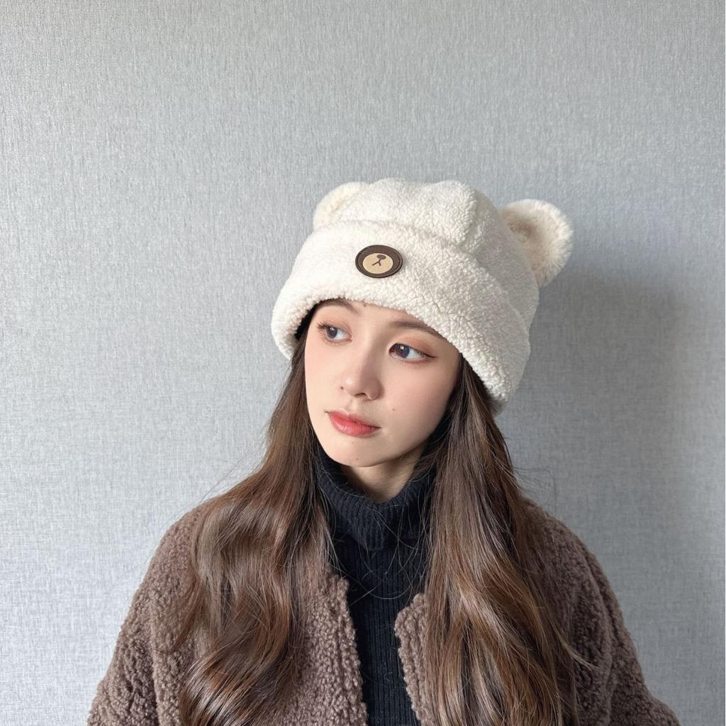 New Autumn and Winter Cute Bear Hat for Women Knitted Versatile Warm Ear Protection Thickened Fashionable Wool Fisherman Hat