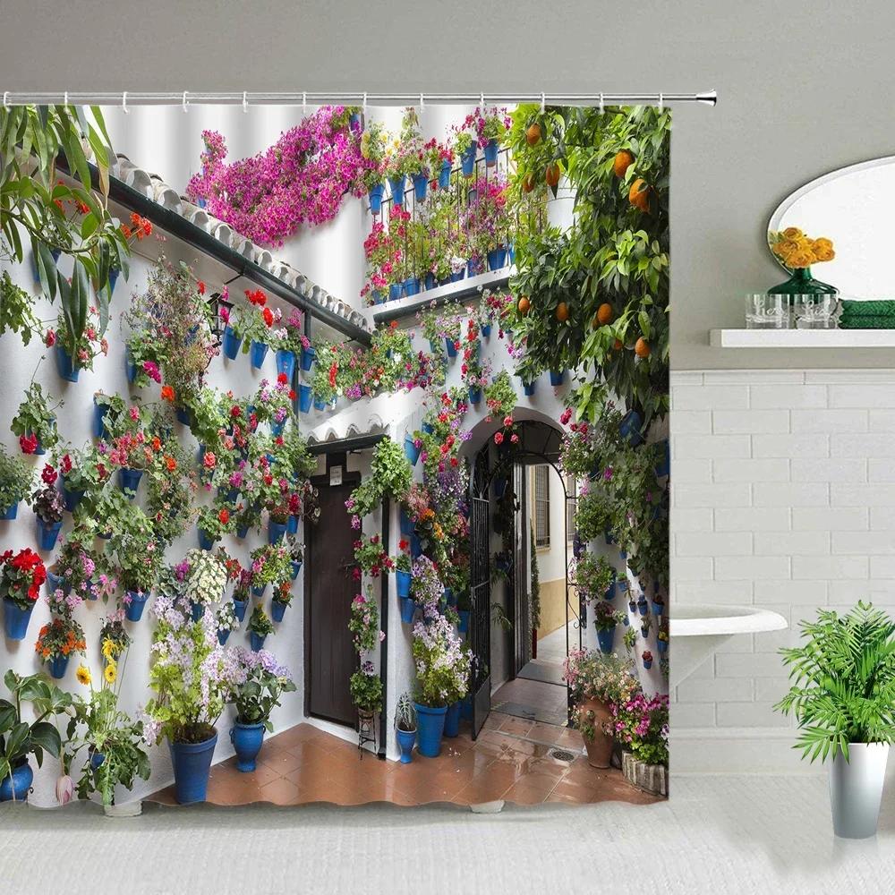 Фиолетовые Цветы Пейзаж Водонепроницаемые Душевые Сельский Уличный Пейзаж Цветочные Ванные Шторы Моющиеся Домашний Декор С XT6 W90xH180cm