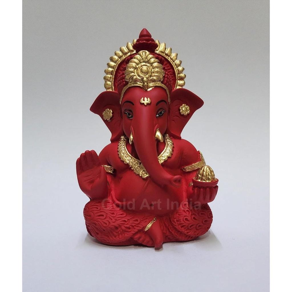 Mukut Ganesha Idol for Car Dashboard Maroon Red and Gold Small Ganesha Murti Ganpati Idol
