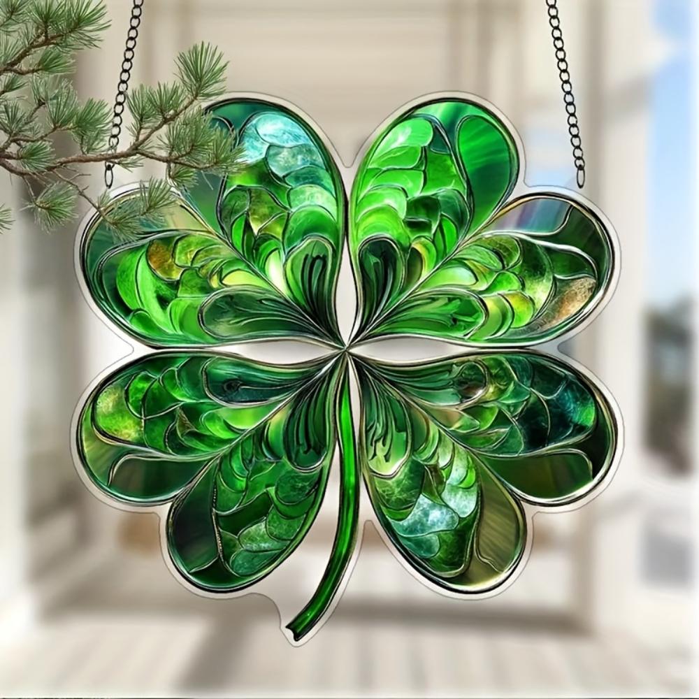 2D plochý tisk smaragdový čtyřlístek přívěsek, lapač slunce, okenní závěsná dekorace, vhodný pro zahradu, verandu, ložnici, kancelář, domov a venkovní použití