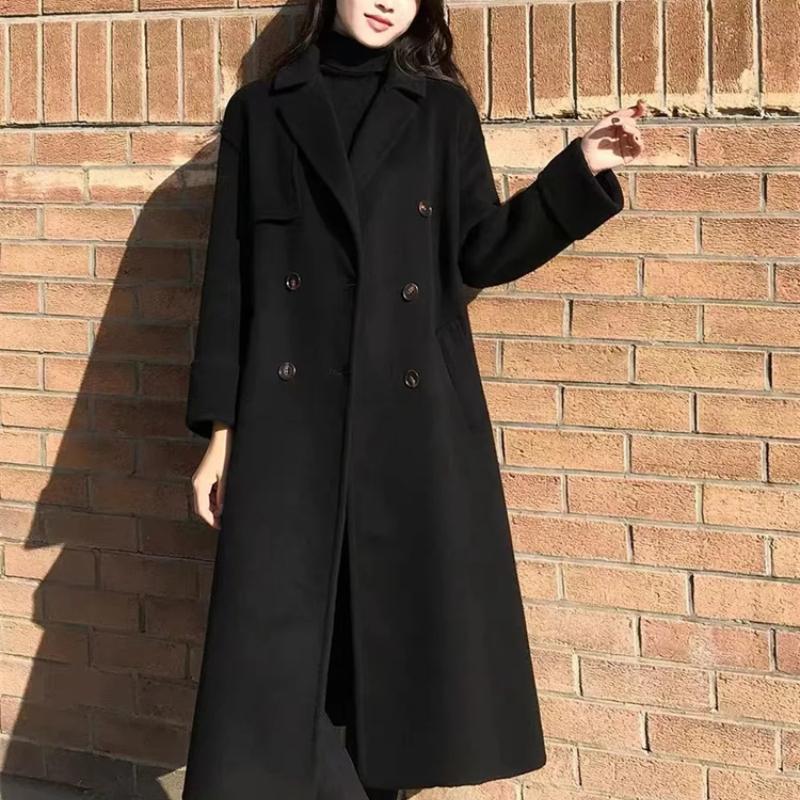 2024 jaro zima nové dámské svrchní oblečení ve stylu Hepburn Slim, dvouřadý, knoflík s dlouhým rukávem, vlněný kabát, dámské M-6XL