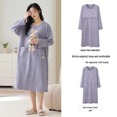 Korean Style Loose Cartoon Long Sleeve Pajama Dress with Chest Pad for Spring and Autumn - Plus Size Women's Nightdress