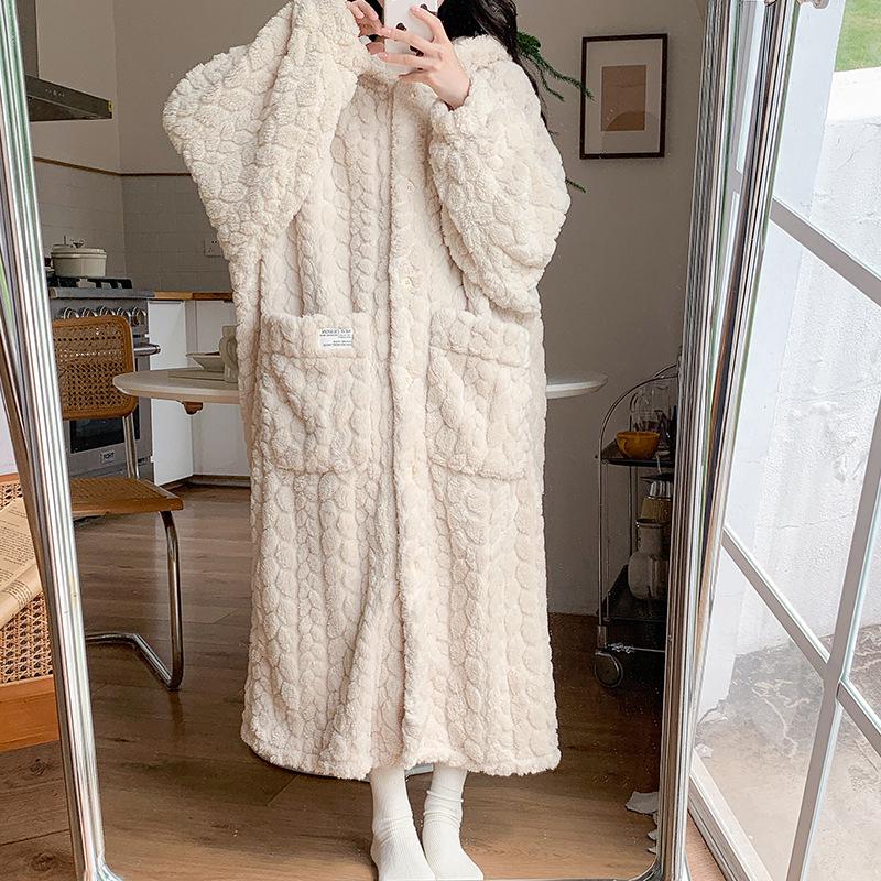 Women s Winter Coral Fleece Hooded Bathrobe - Long Sleeves, Thick & Warm, Sweet Style M