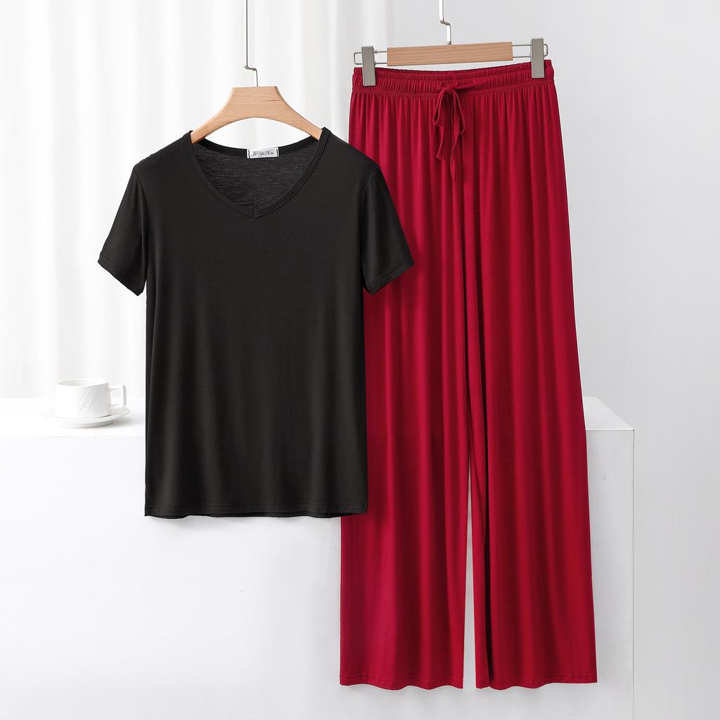 Ensemble Tenue de Sport pour Femme à Col en V Manches Courtes Blocs de Couleurs Pantalon Large