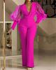 2022 Fall/Winter Women's European & American Style Mesh Spliced Long-Sleeve Slim Wide-Leg Jumpsuit