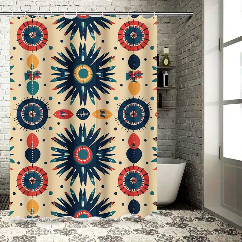Vintage Retro Blue Red Circular Shower Curtain Home Decor Bathroom Waterproof Privacy Protection Indoor Decoration Artistic Patt