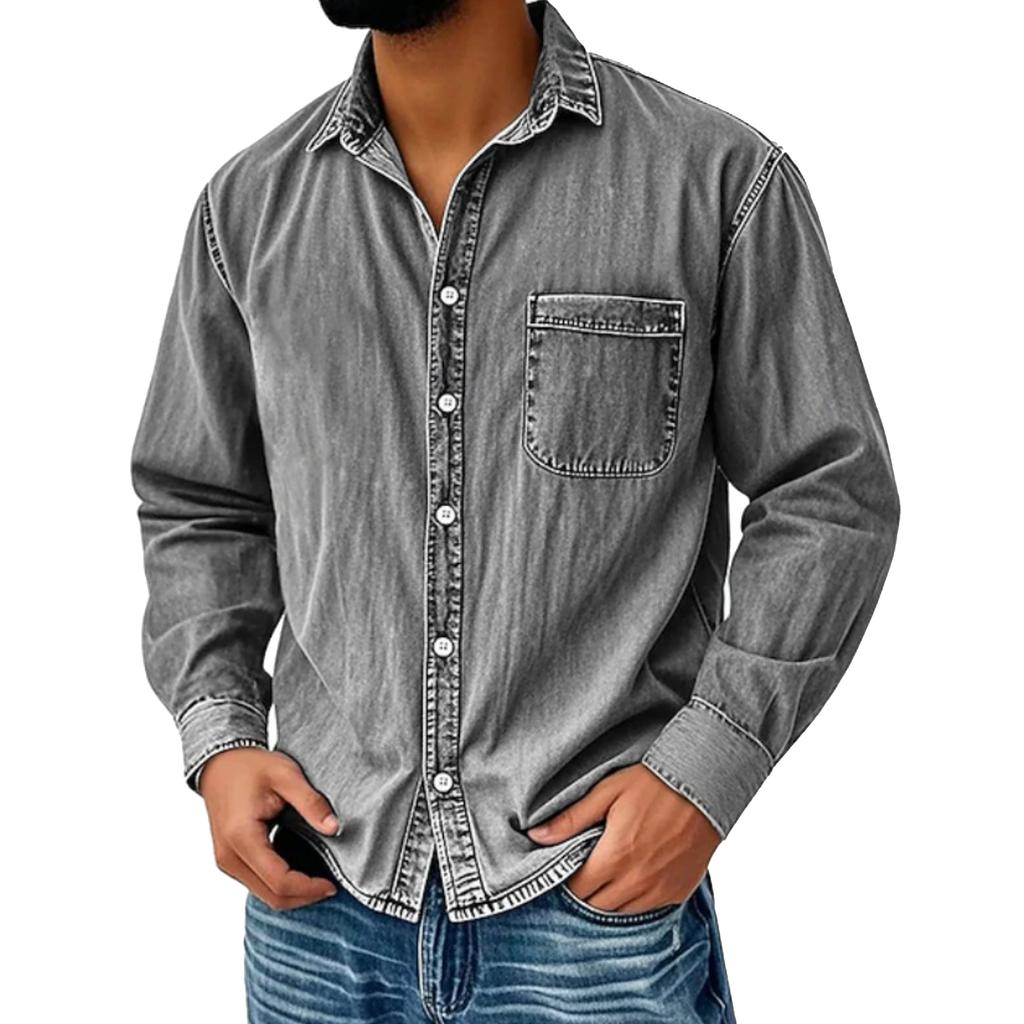 Men's Casual Solid Color Distressed Denim Shirt, Men's American Workwear, Retro Washed Long-sleeved Top