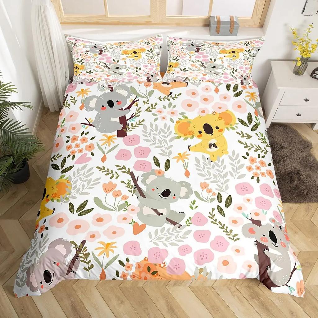 Cute Cartoon Koala Duvet Cover Set Botanical Blossom Floral Comforter Cover Kawaii Wild Animal Koala Bedding Set Twin Queen Size