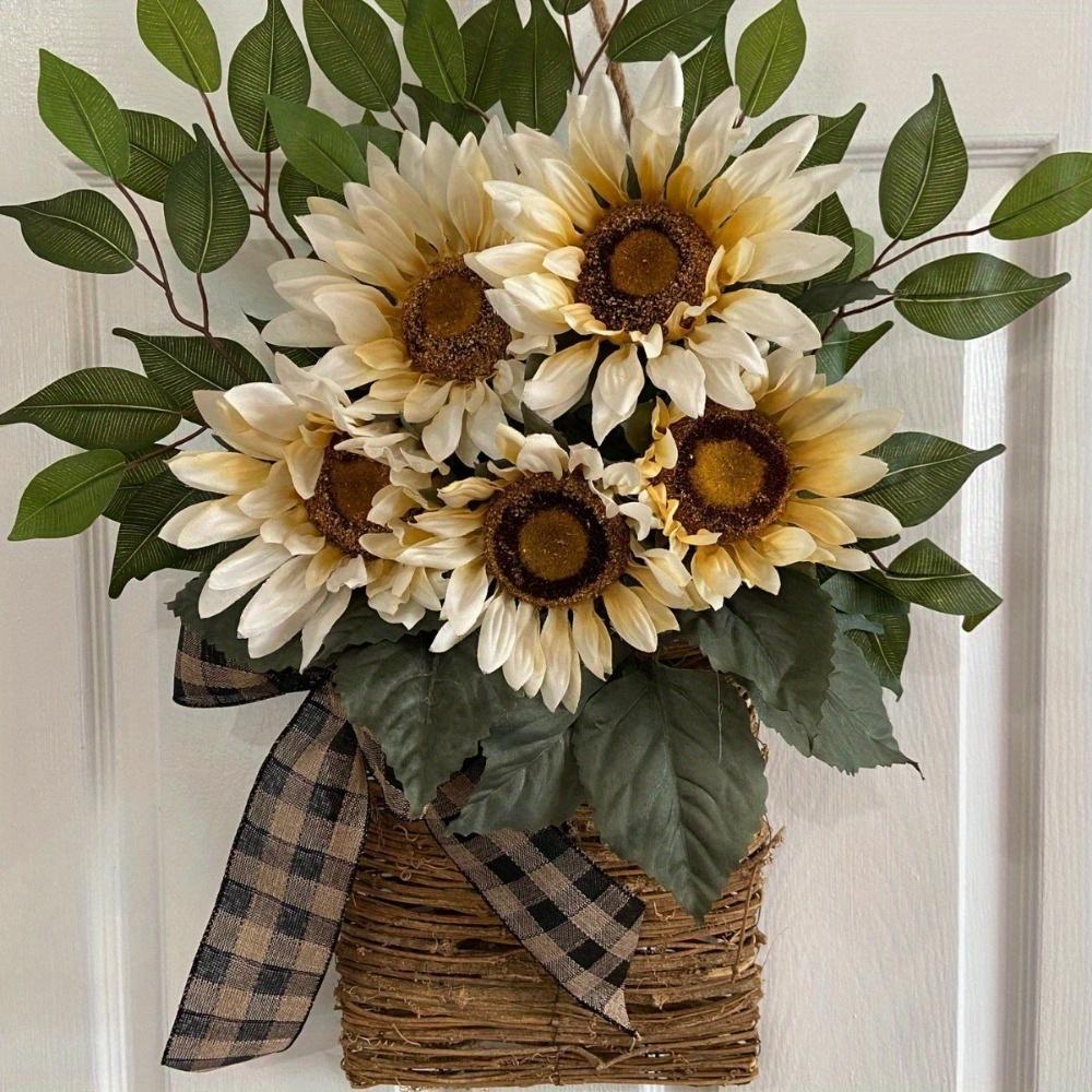 Sunflower Door Wreaths for Front Door, Hanger Basket Wreath Summer Spring Wreaths for Home Decoration Wedding Decor