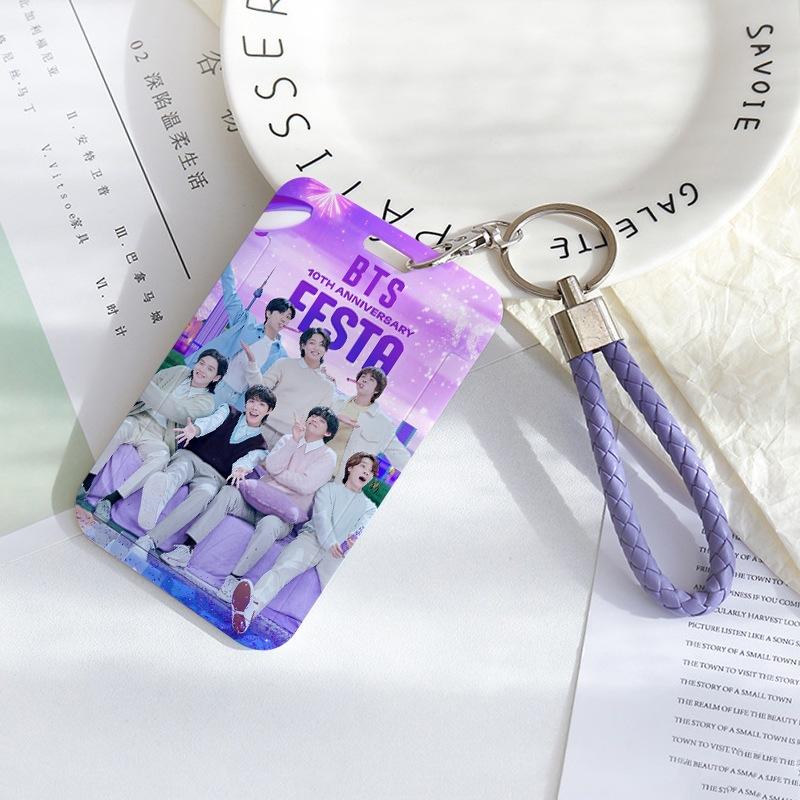 BTS Sliding Photocard Holder, Protective ID Badge Card Case with Braided Keychain Strap, Student Campus Bus Meal Card Protector Merch for ARMY
