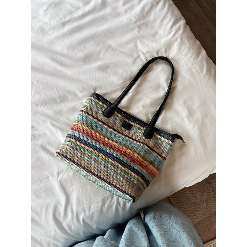 Summer Color Large Capacity Commuter Woven Bag Vacation Beach Bag Ladies Tote Bag Versatile Rainbow Shoulder Bag