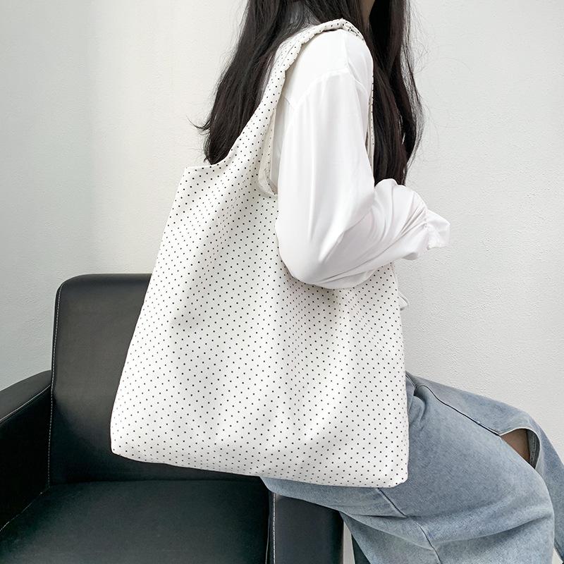 Retro Polka Dot Versatile Casual Tote Large Capacity Shoulder Canvas Bag