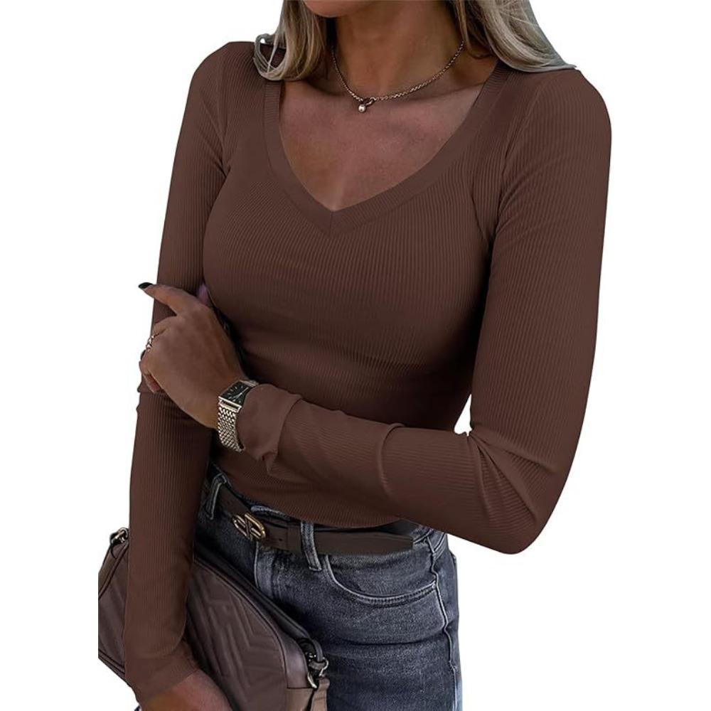 Women Ribbed Slim Long Sleeve Top, Sexy V Neck Long Length Casual T-shirt